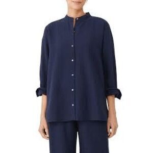 Eileen Fisher $178 Mini Check Crepe Mandarin Collar Top navy Size XS